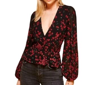 Reformation Farrow Black & Red Floral V-neck Peplum Smock Blouse Womens Size XS
